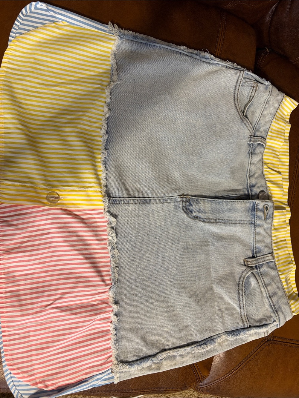 Light Wash Denim Skirt with Yellow and Pink Stripe Panels